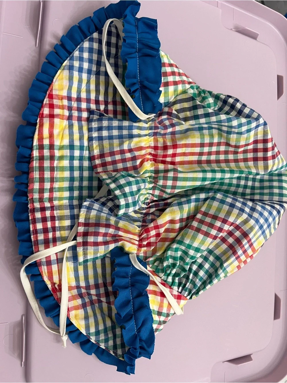 Vintage Appalachian Multicolor Gingham Bonnet with Blue Ruffle Trim